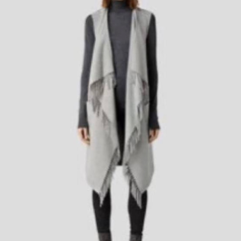 All Saints Gray Fringe Open Vest